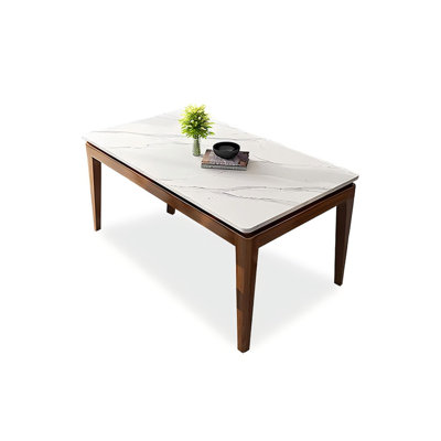 White + Nut-brown Rectangular Sintered Stone + Solid Wood Dining Table