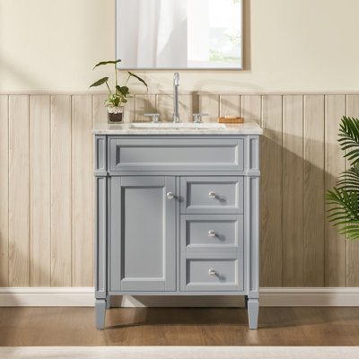 Alexxis l 30 po x P 21 po x H 35 po Meuble-lavabo autoportant gris empire avec plateau en marbre de Carrare