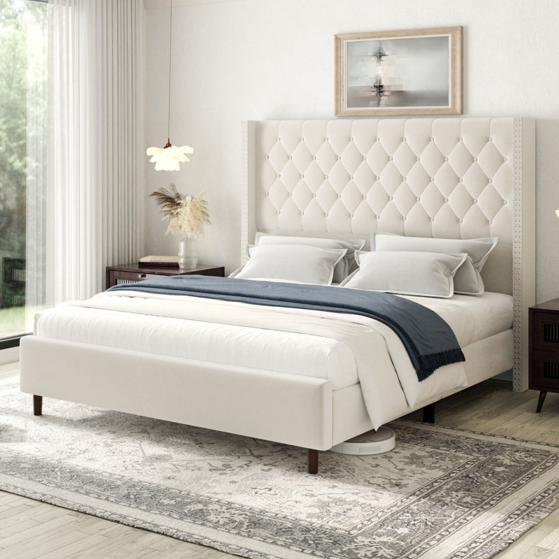 Plainfield Upholstered Wingback Bed Frame with 61" Tall Headboard, King, Beige