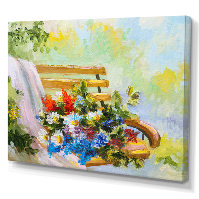 «Summer Bouquet Of Flowers On Bench», reproduction sur toile flottante