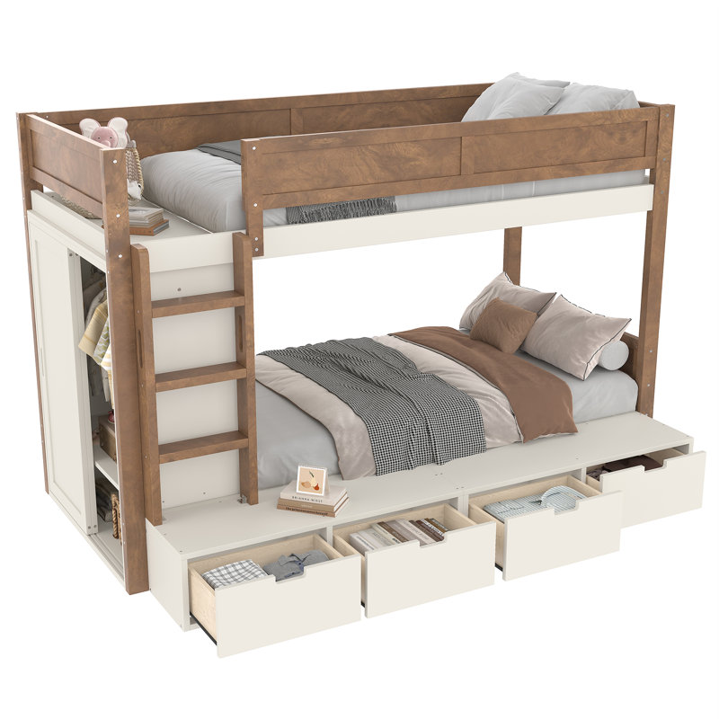 Lit superposé en bois massif Anoka avec garde-robe intégré et 4 tiroirs, Beige / Naturel