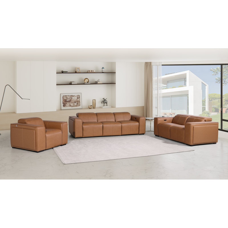 Ensemble de canapé inclinable, de causeuse et de fauteuil en cuir italien à grain supérieur Chikako, Cognac