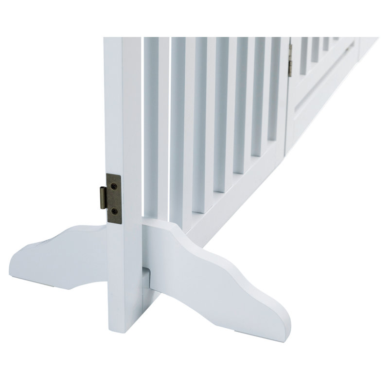White Freestanding 4-Panel Wooden Pet Gate with Walk-Through Door