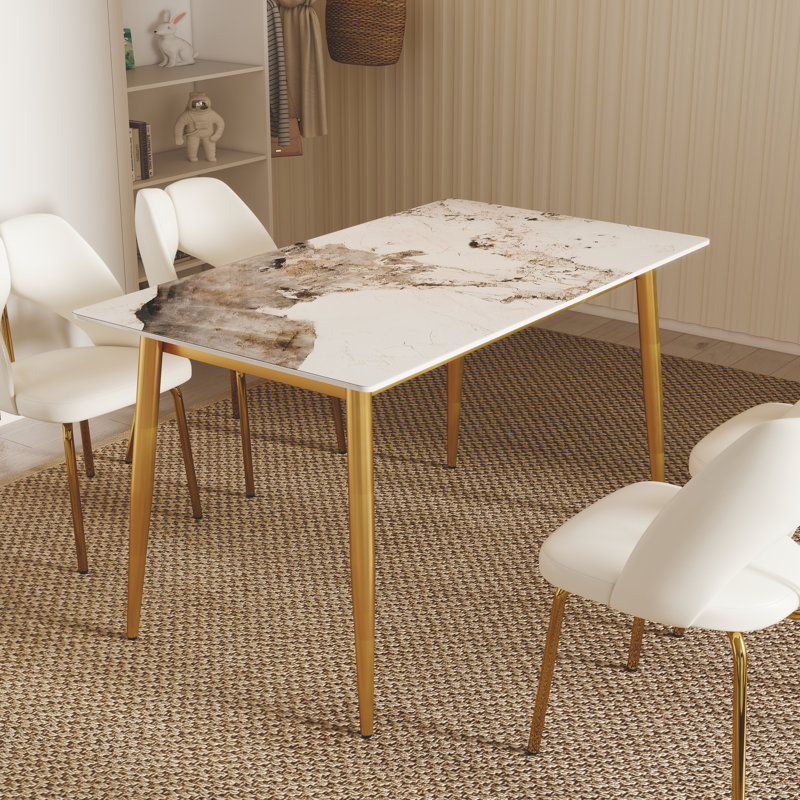 4-Legs Modern Sintered Stone Top Dining Table, Pandora/Gold