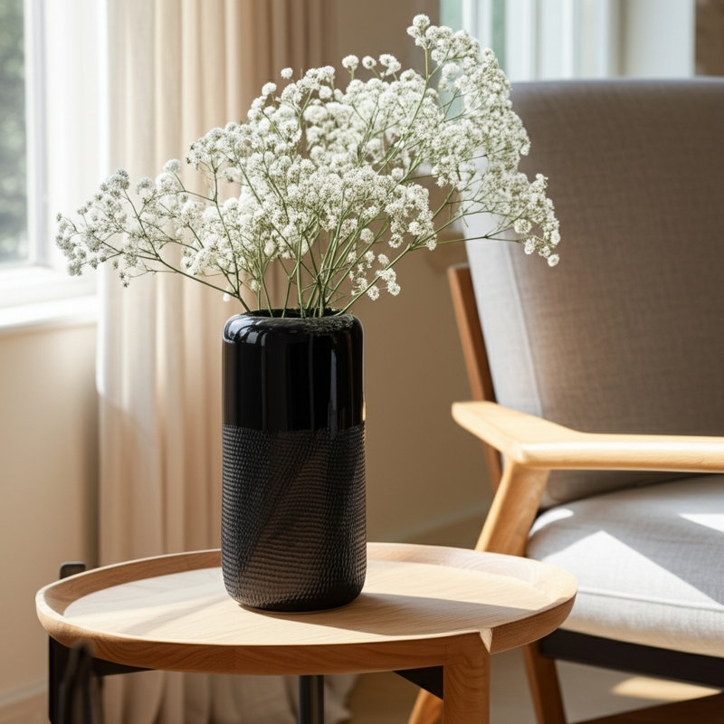 Vase en grès céramique Rachael, H 10 po x l 5 po x P 5 po, Noir rainuré