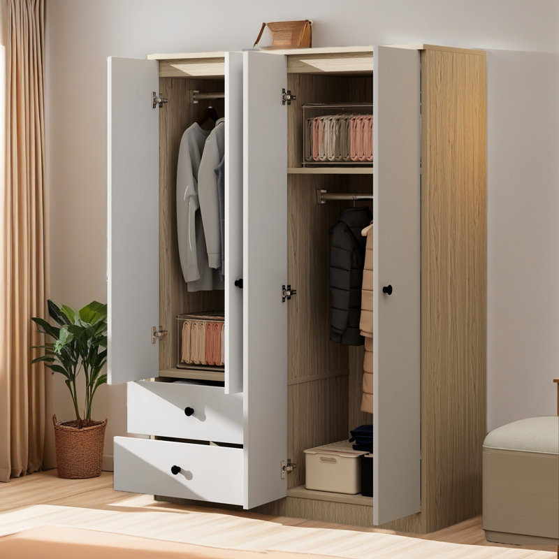Garde-robe 4 portes avec tiroirs, tablette et tringle, blanc
