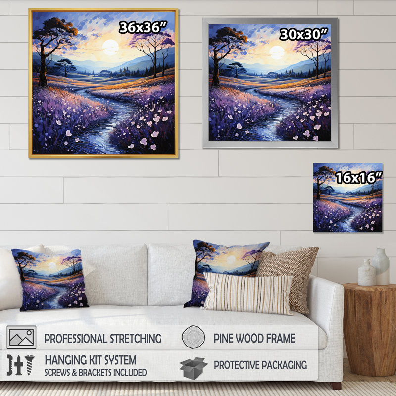 «Violets Field Pointillism Dot II», reproduction sur toile, H 30 po x l 30 po x P 1 po, Cadre simple noir
