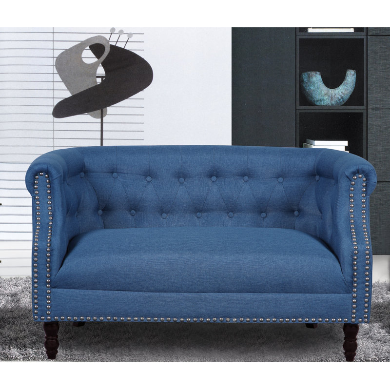 Acworth 54" Linen Rolled Arm Chesterfield Loveseat, Ocean Blue
