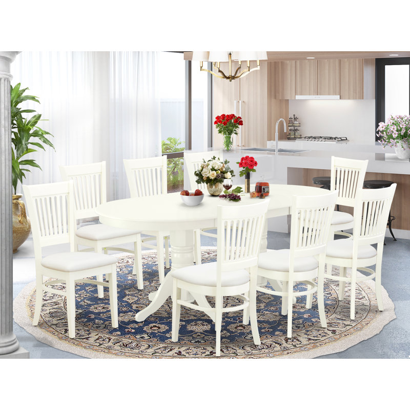 9 Piece Dining Set Includes an Oval Dining Room Table with Butterfly Leaf and 8 Linen Fabric Kitchen Chairs, Linen White