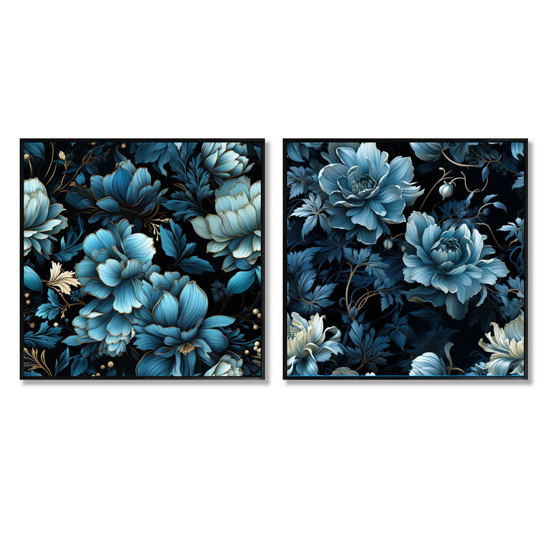 Walsall - Ensemble de 2 collages carrés floraux, Cadre flottant noir, H 16 po x l 33 po