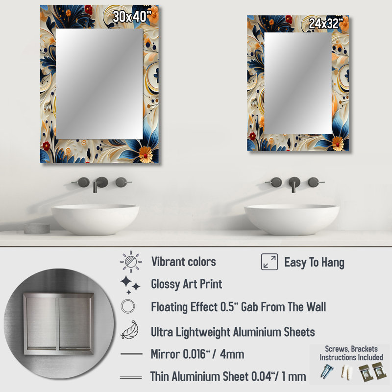 «Berkin Romantic Blue and Cream Paisleys», grand miroir mural floral, miroir décoratif floral, impression d'art en métal
