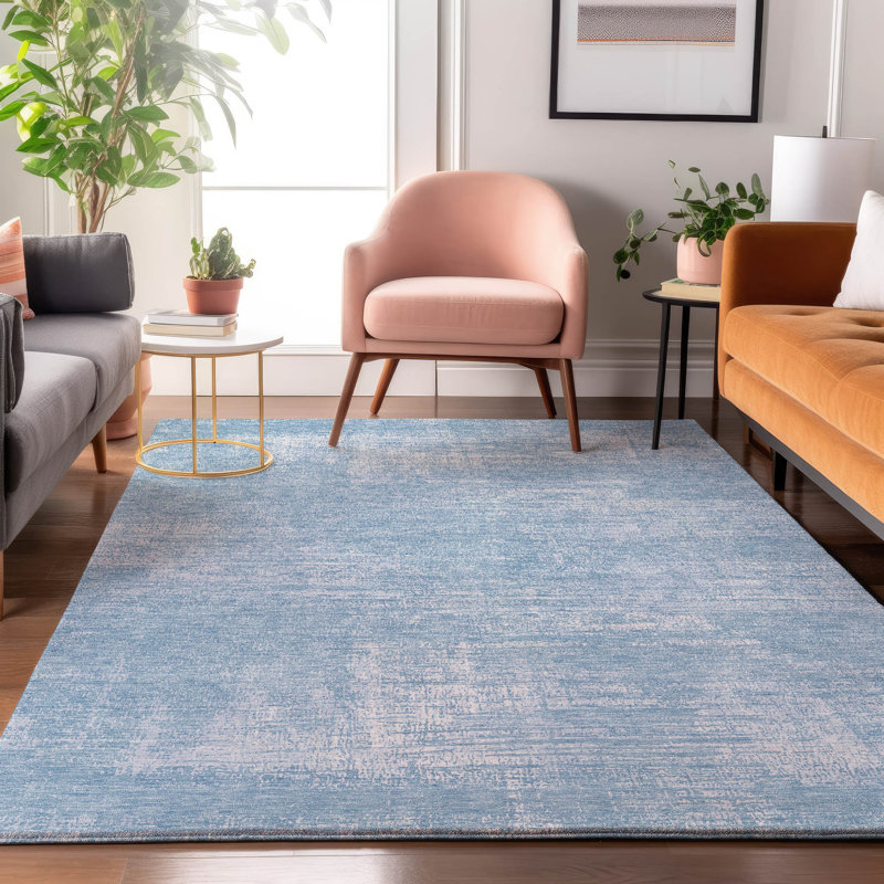 Tapis bleu Prisco lavable à la machine de qualité supérieure, Rectangle 5 pi x 7 pi 6 po