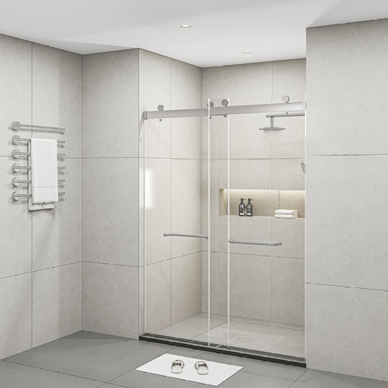 Frameless 60" Clear Glass Sliding Shower Doors with Brushed Nickel Finish