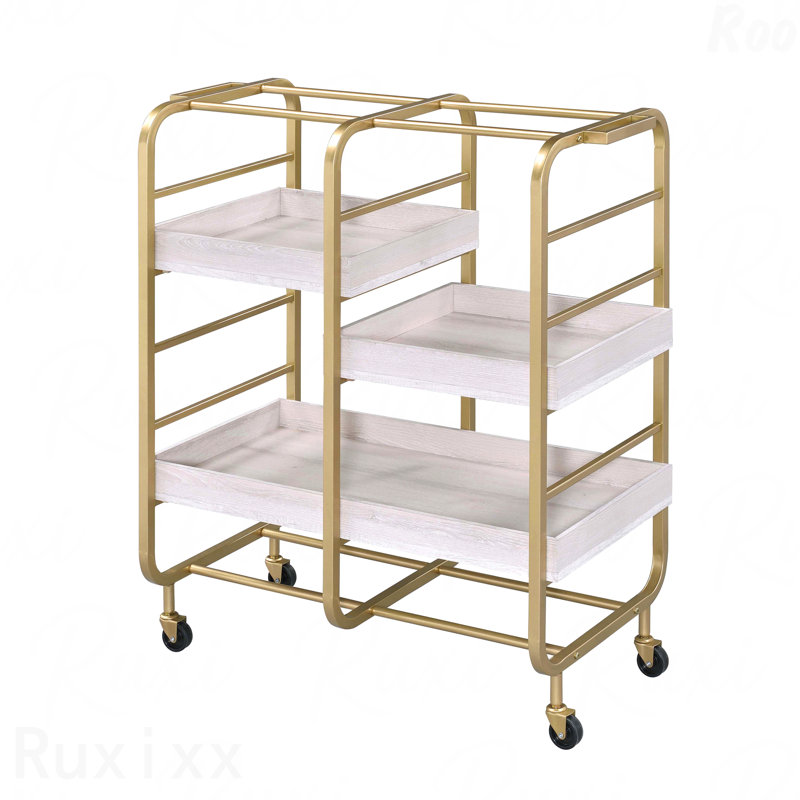 Gold And White Washed Serving Cart With 3 Adjustable Trays, Gold/White