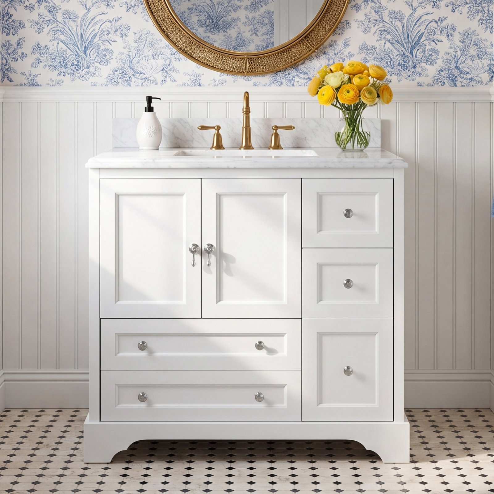 Tilford 36'' Single Bathroom Vanity, White, Carrara Marble