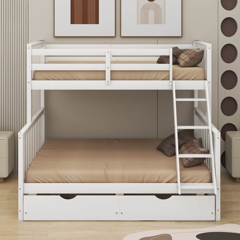 Lit simple superposé au dessus d'un lit double avec échelles et tiroirs, Blanc