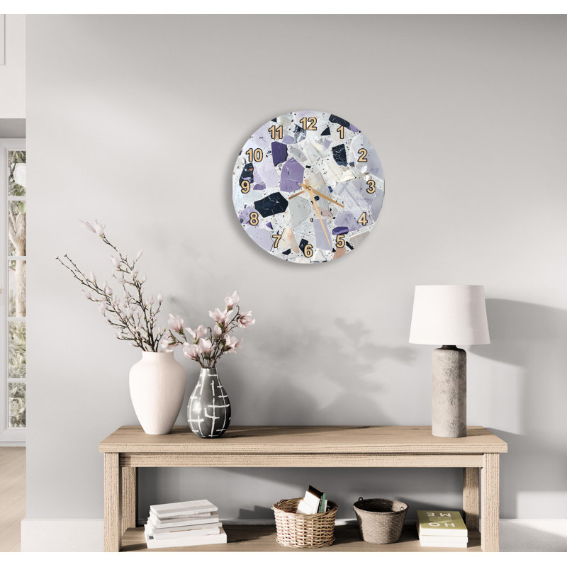 Horloge murale Terrazzo, mosaïque mauve en pierre, décor moderne en verre trempé, montre abstraite ronde - cadeau de pendaison de crémaillère unique pour la maison