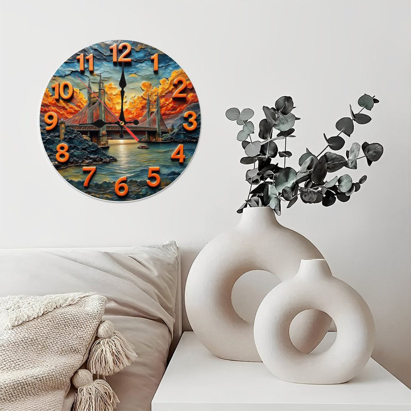 Horloge murale en 2 dimensions avec pont de rivière et coucher de soleil