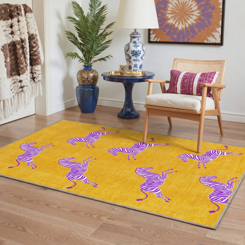 Aldovin Zebralume Animal Print Machine Washable Purple / Yellow Indoor Area Rug with Non-Slip Backing, Rectangle 6' x 9'