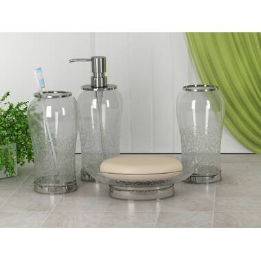 WHOLE HOUSEWARES | Bathroom Accessory Set | Accesorios de Baño | 4-Piece  Decorative Glass Bathroom Accessories Set | Soap Dispenser,Tray