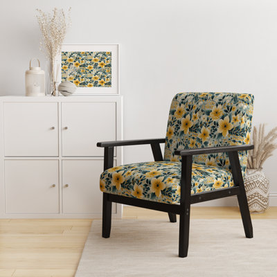 Yellow & Teal Gingham Charm Floral Pattern - Upholstered Farmhouse Arm Chair, Rustic Floral Accent Chair