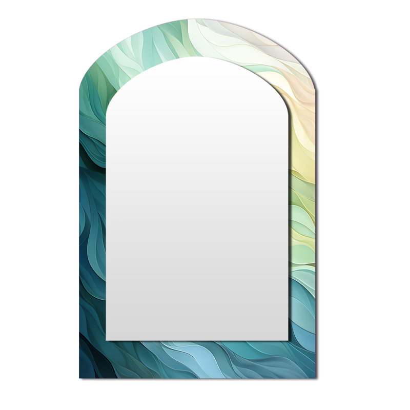 Gree and White Sway Wave Serenity I - Grand miroir mural arqué sur métal, 43 po x 33 po
