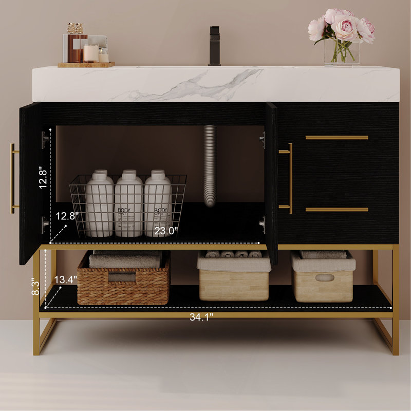 Meuble-lavabo autoportant moderne 36 po avec lavabo en céramique sans couture et plateau en pierre frittée, Center, Black