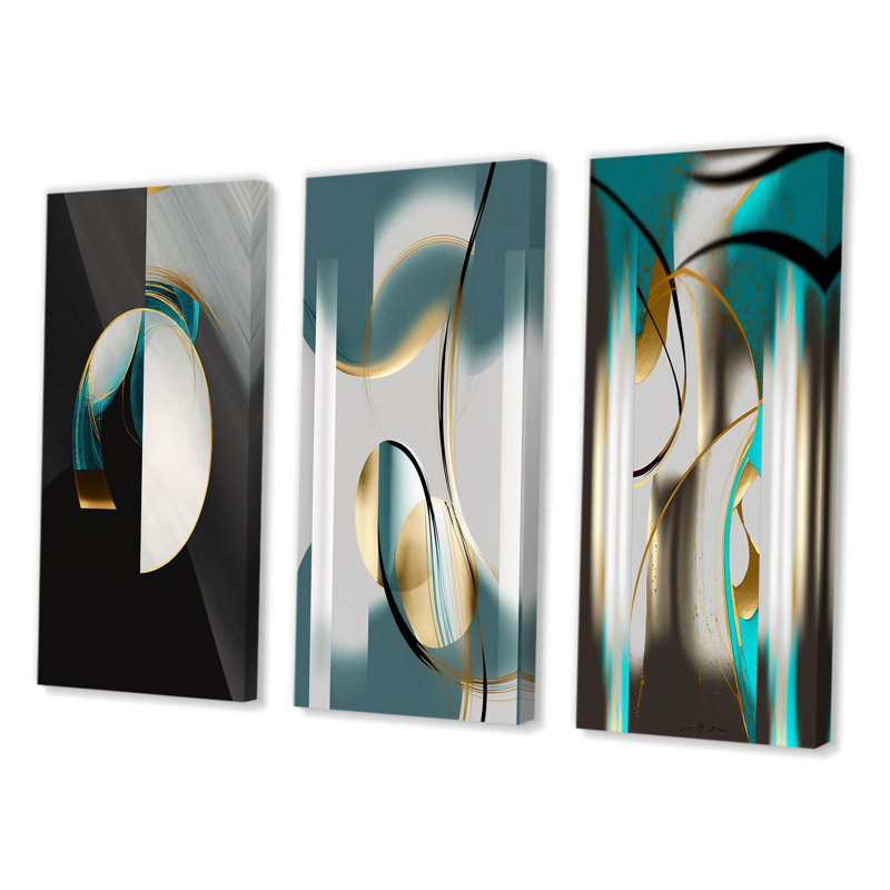 «GOLD TEAL Geometric Elegance Unveilé», 3 pièces sur toile, Toile tendue, H 28 po x l 36 po