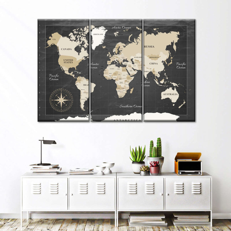 Carte du monde sur toile foncé 3 pièces, H 32 po x l 50 po x P 1,25 po
