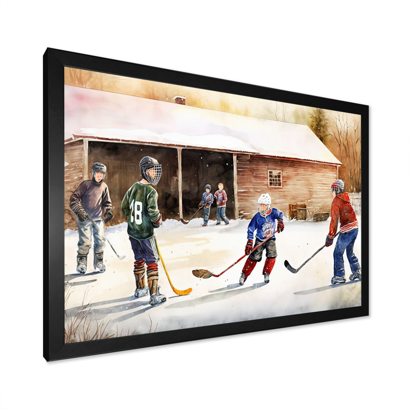 Enfants jouant au hockey sur la patinoire III - Impression sur toile, H 16 po x l 32 po x P 1 po
