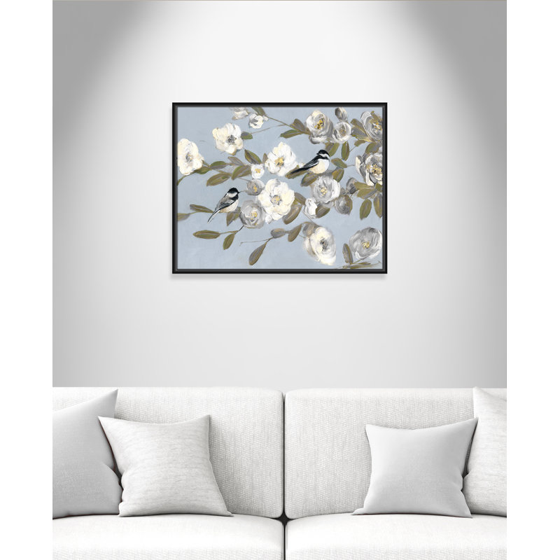 Chickadees and Blossoms " Chickadees and Blossoms I " Acrylic Painting, 23.5" H x 29.5" W x 2" D, Black Framed