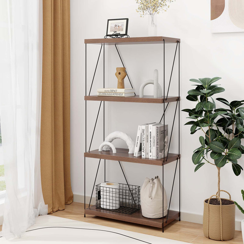 17 Storeys 1 Pcs 4-tier Multipurpose Display Rack Freestanding Bookcase With Metal Frame Walnut