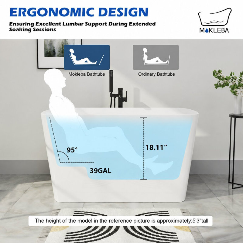 Petite baignoire rectangulaire autoportante moderne en acrylique de 47 po x 27 po avec siège intégré et antidérapante pour salle de bain compacte