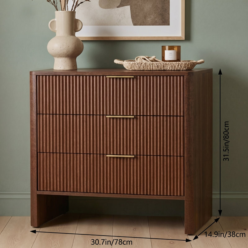 Storage Cabinet With Drawers, Wooden Cabinet With 3 Drawers Wavy Pattern Modern Bedside Cupboard Dressing Table For Bedroom Living Room Hallway Walnut