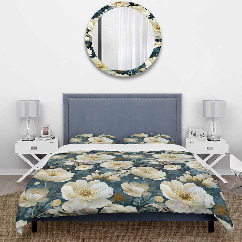 Ivory Elegant Floral Pattern I Box Stitch Floral Duvet Cover, Queen Duvet Cover + 2 Standard Shams