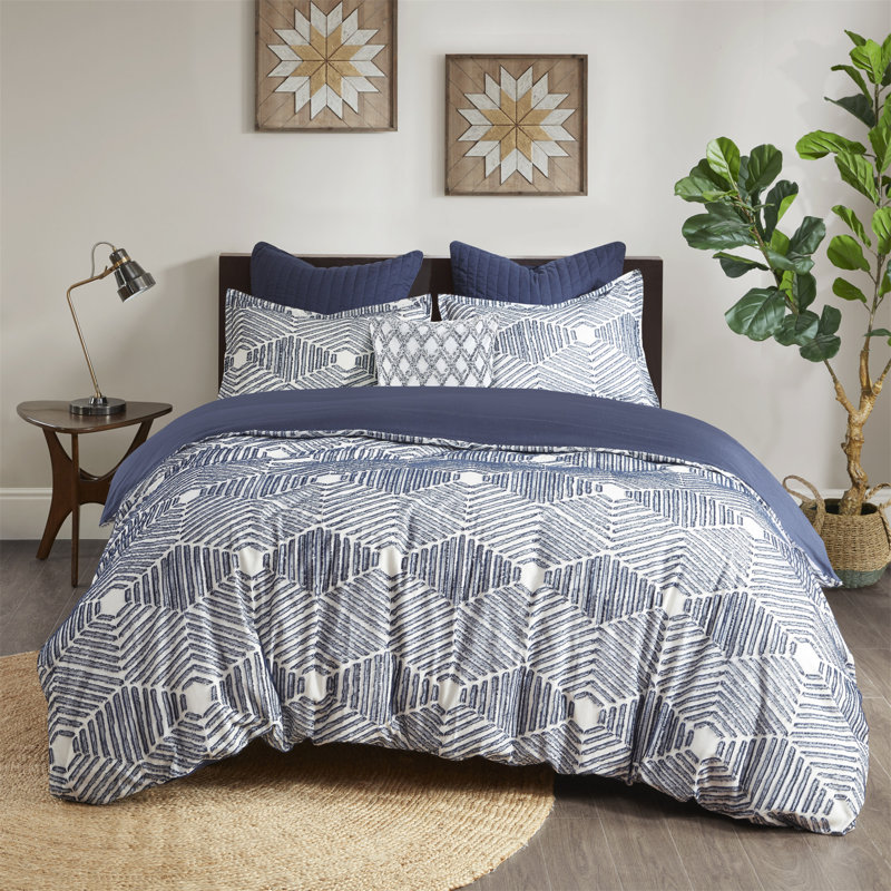Ensemble de housse de couette luxueuse en jacquard de coton pour une chambre à coucher élégante et confortable., Bleu