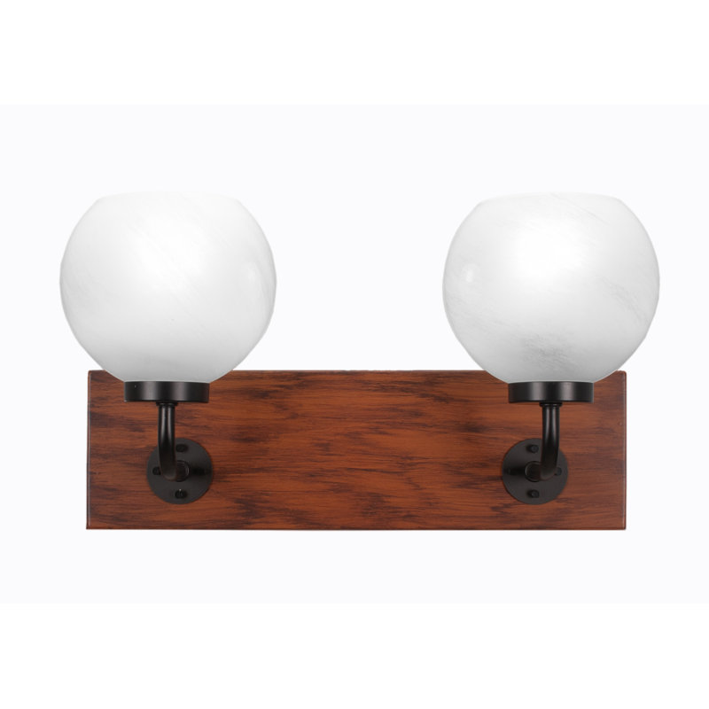 Oxbridge 2 Light Bath Bar Shown In Matte Black & Painted Wood-look Metal Finish With 5.75" White Marble Glass