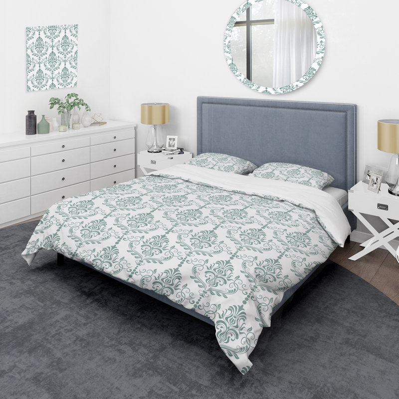 Green And White Damask Modern & Contemporary Polyester No Damask Duvet Cover, Queen Duvet Cover +  2 Sham