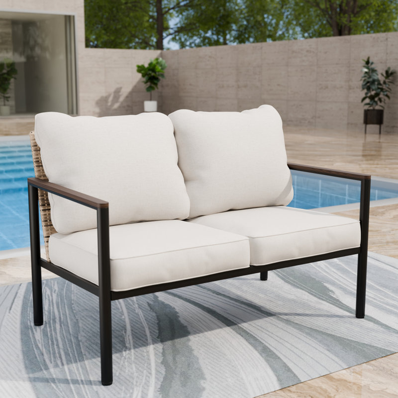 Outdoor Light Brown Wicker Loveseat in Steel Frame with Cushions, Beige