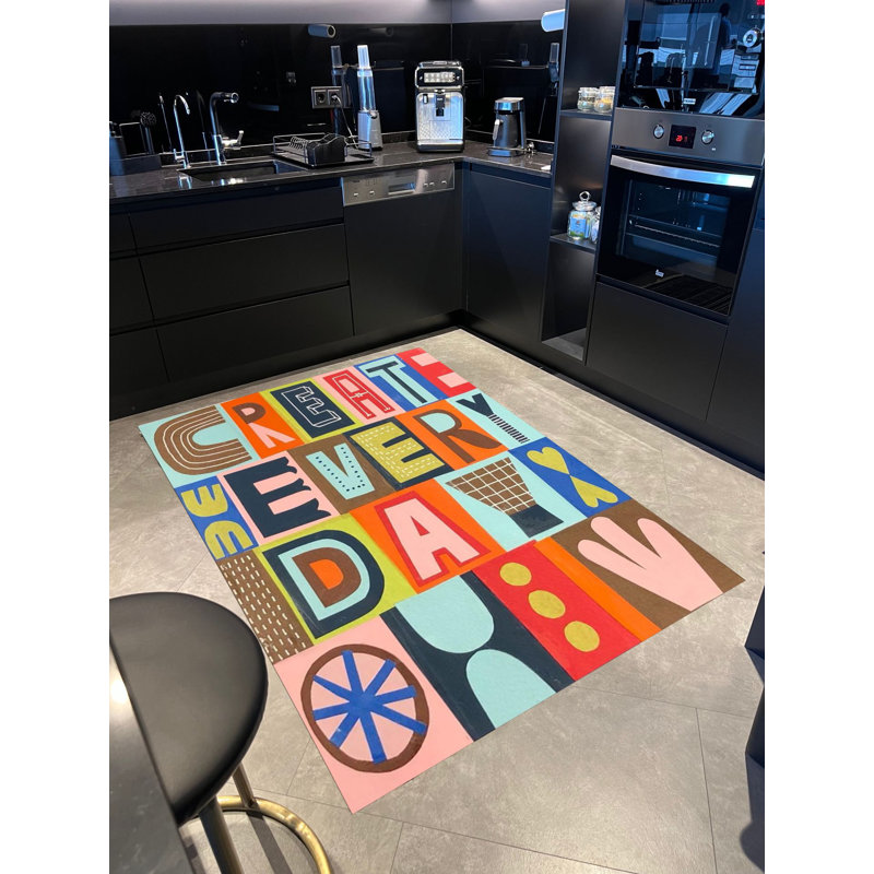Tapis tissé coloré et textuel "Créer tous les jours", Rectangle 3 pi 11,24 po x 5 pi 10,87 po