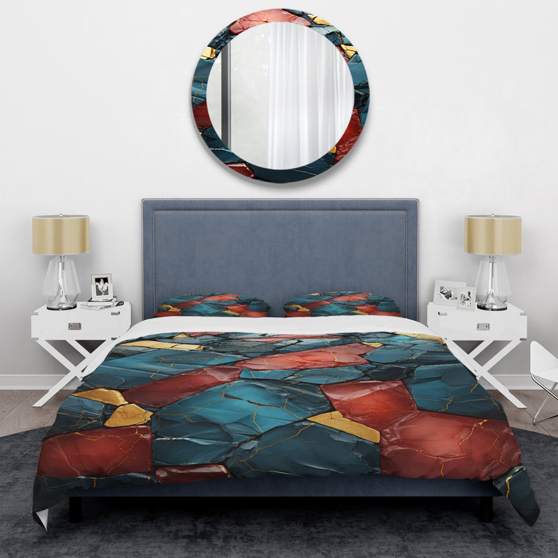 Ensemble de housse de couette en marbre bleu et rouge Elegance II, Housse de couette pour lit simple + 1 taie décora