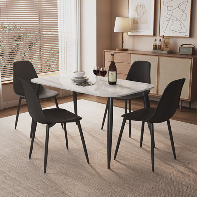 Aspen Gloss White Sintered Stone Rectangular Table and 4 Curve Plastic Chairs - Modern Dining Set