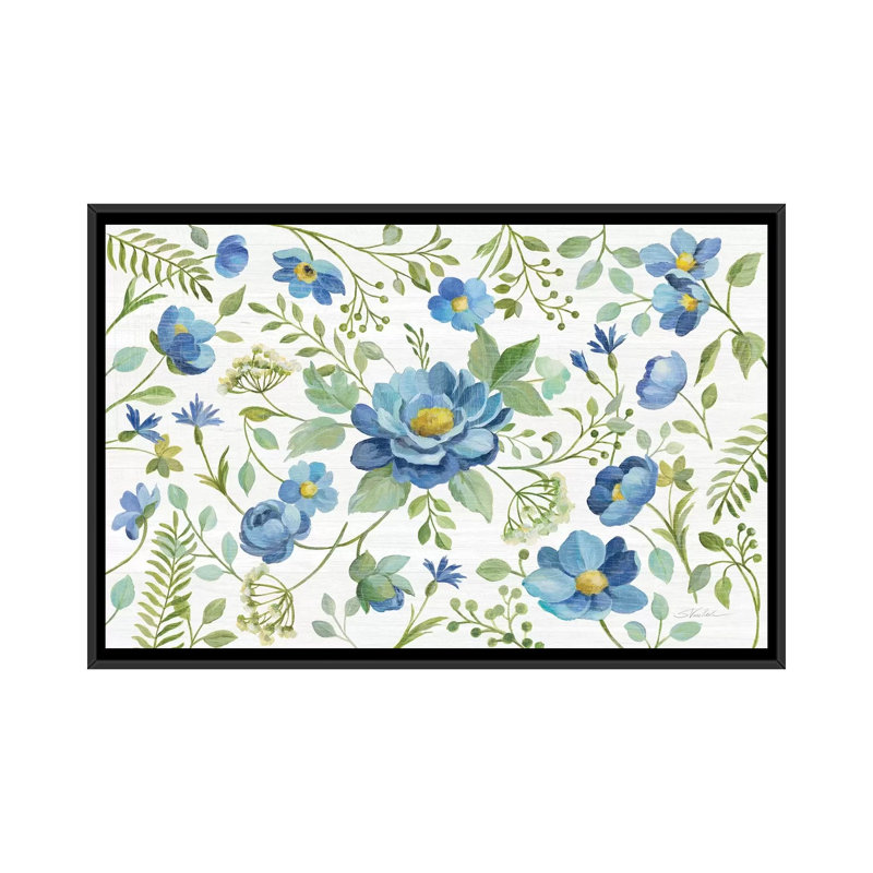 «Botanical Blue I» par Silvia Vassileva - impression d'art graphique, Pas de tapis, H 26 po x l 40 po x 1,5 po, Black Framed
