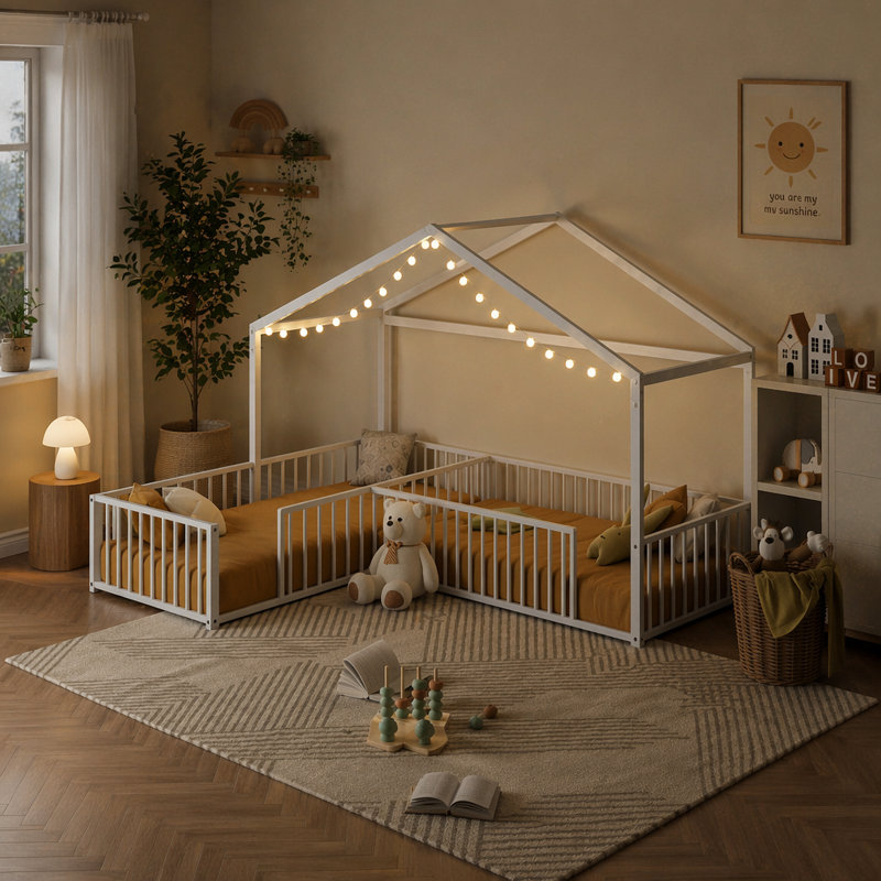Double lit simple en L Montessori, structure de lit d'angle en métal avec clôture, lit de plancher de style maison pour 2 enfants, sans lattes, blanc