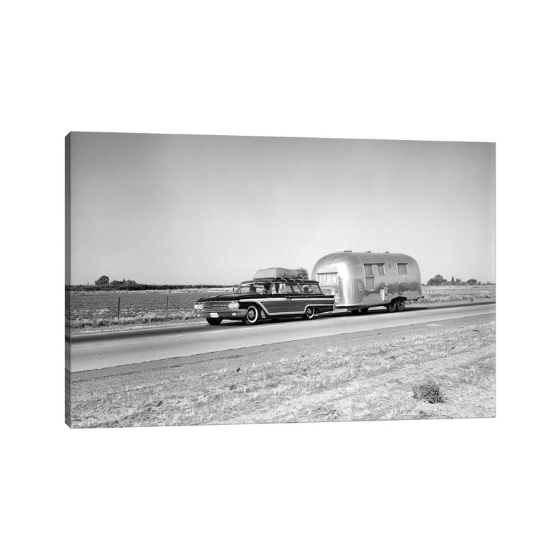 1960s-1970s Family Station Wagon And Camping Trailer Driving On Country Highway On Vacation - Wrapped Canvas Print