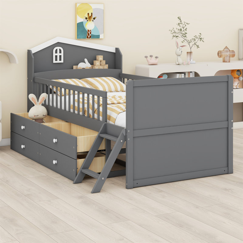 Cadre de lit avec rangement à 4 tiroirs, cadre de lit en bois pour enfants, lit plateforme avec tête de lit garde-corps et échelle