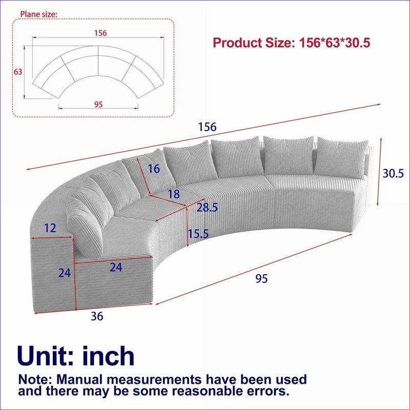 Sectional Sofas | Modern Curved 4-Module Modular Sofa, for Living Room Bedroom Office | 8 Pillows | Corduroy | Standard