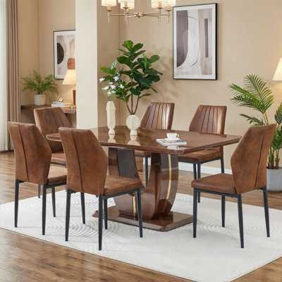 63" Modern Walnut Dining Table Set For With Upholstered Chairs, MDF Table For Dining Room Or Kitchen