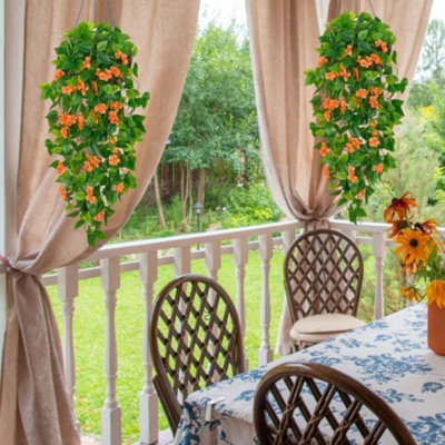 Artificial Hanging Flowers For Outdoors, 2Pcs Fake Hanging Plants Pothos Vines With Orange Flowers For Wall Home Living Room Indoor Outdoor Fall Decor (No Baskets)