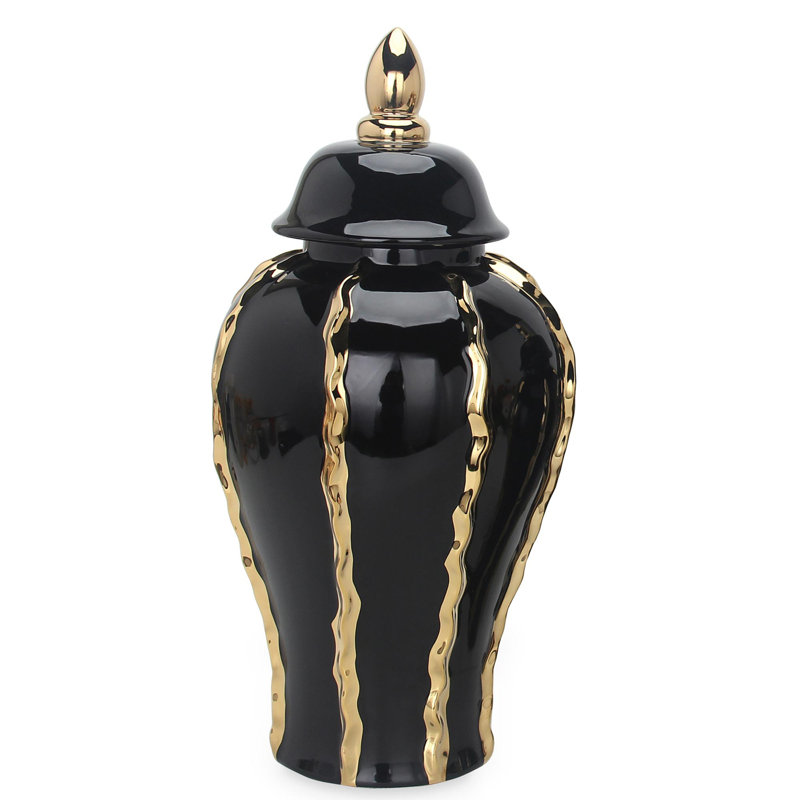  Élégant vase en pot de gingembre en céramique avec accents dorés et couvercle amovible - Décoration polyvalente, Noir / or